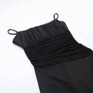 Mesh ruffle slit ruched square neck cami maxi dress