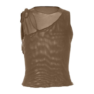 Hollow out mesh crewneck ruffle solid cut out top