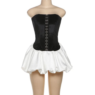 Button backless contrast tube mini dress