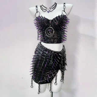 Metal chain o ring rivet applique slit v neck top