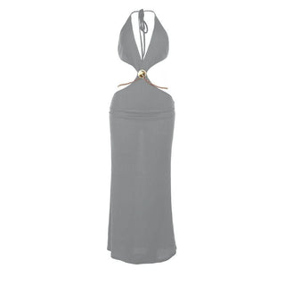 Halter self tie deep V neck metal chain maxi dress