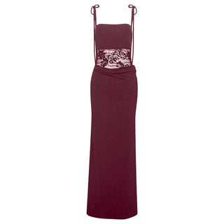 Lace square neck self tie solid cami maxi dress