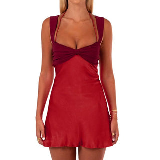 Ruched halter self tie v neck backless mini dress