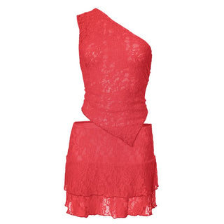 One shoulder lace irregular solid skirt set