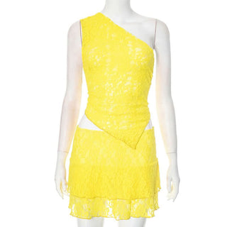 One shoulder lace irregular solid skirt set
