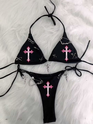 Halter self tie cross applique short pant set