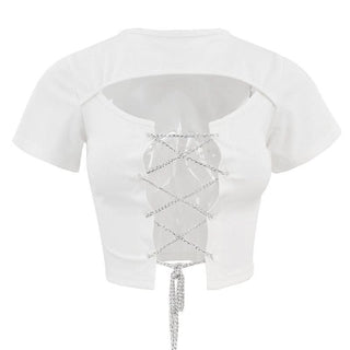 Short sleeve hollow out metal chain lace up ribbed cut out top