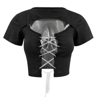Short sleeve hollow out metal chain lace up ribbed cut out top