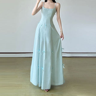 Bowknot mesh zip-up u neck cami maxi dress