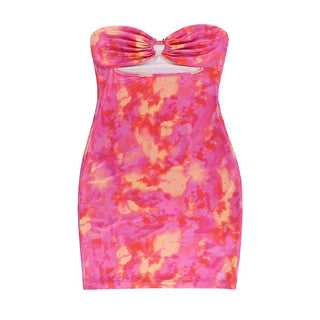 Hollow out ruched print tube cut out mini dress