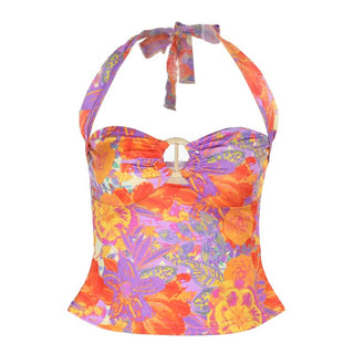 Self tie halter hollow out flower print cut out top