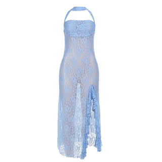 Halter square neck lace see through slit midi dress