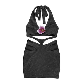 Hollow out flower applique halter self tie cut out mini dress