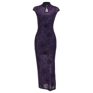 Hollow out spider web print slit v neck cut out maxi dress