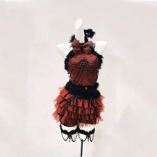 Long flared sleeve lace fluffy beaded ruffle mini skirt set