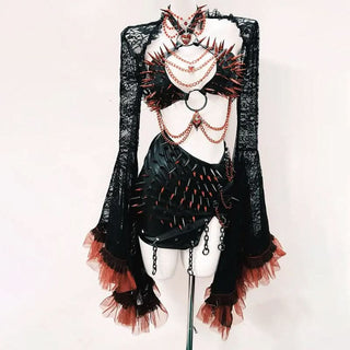 Long flared sleeve halter PU leather o ring rivet mini skirt set