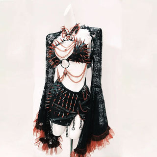 Long flared sleeve halter PU leather o ring rivet mini skirt set