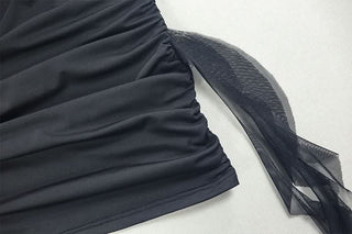 Halter padded ruched flower applique ruffle mini dress