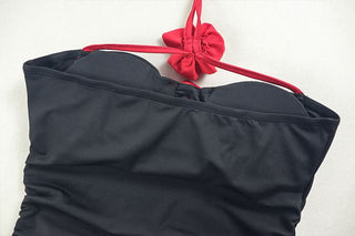 Halter padded ruched flower applique ruffle mini dress