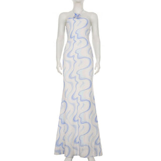 Ripple flower applique halter self tie maxi dress