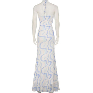 Ripple flower applique halter self tie maxi dress