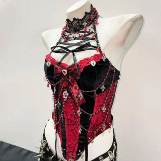 Lace up beaded flower applique bowknot top