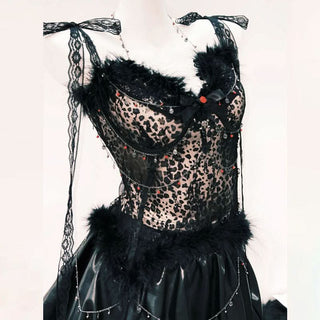 Fluffy lace hem self tie bowknot mini skirt set