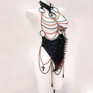 Metal chain o ring halter rivet applique bodysuit
