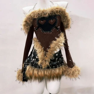 Long sleeve fluffy halter metal chain o ring top