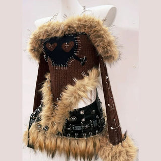 Long sleeve fluffy halter metal chain o ring top