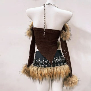 Long sleeve fluffy halter metal chain o ring top