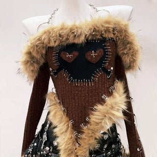 Long sleeve fluffy halter metal chain o ring top