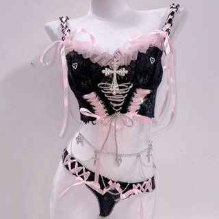 Bowknot ribbon lace up v neck cami pant set