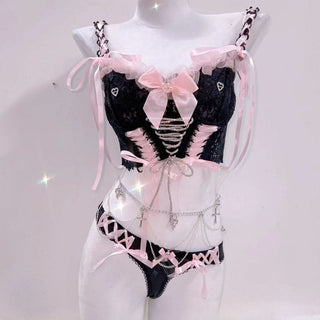 Bowknot ribbon lace up v neck cami pant set