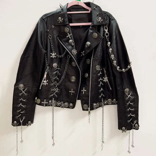 Long sleeve metal chain zip-up PU leather top