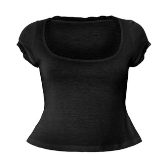 Lace hem short sleeve u neck solid top