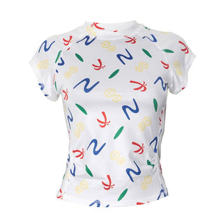 Crewneck cap sleeve print stitch ruched top