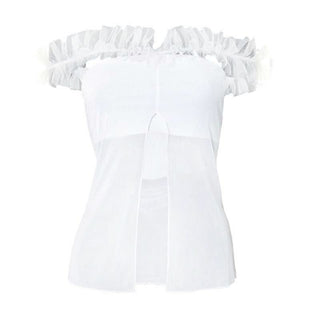 White mesh slit ruffle off shoulder top
