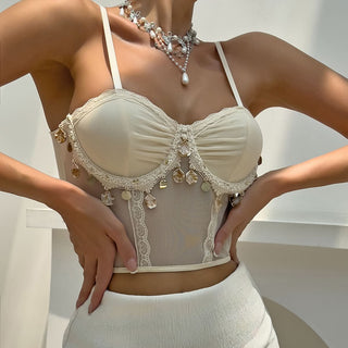 Ruched v neck lace hem mesh cami top