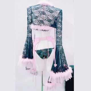 Long sleeve fluffy rivet applique metal chain pant set