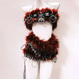 Fluffy o ring skull applique metal chain mini skirt set