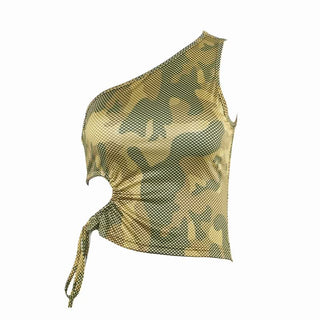 One shoulder hollow out camouflage self tie cut out top