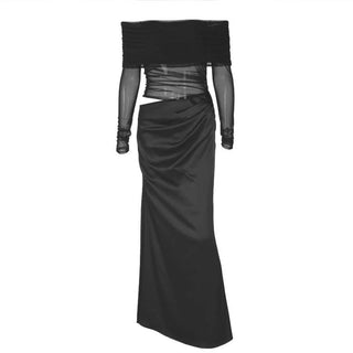 Hollow out off sleeve mesh patchwork cut out maxi dress