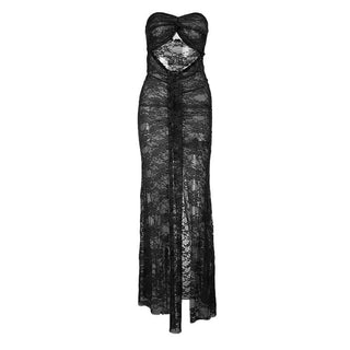 Slit hollow out lace ruched tube cut out maxi dress