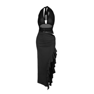 Halter ruffle slit ruched hollow out cut out maxi dress