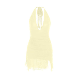 Halter self tie deep v neck slit ruched mini dress