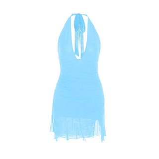 Halter self tie deep v neck slit ruched mini dress