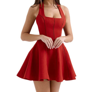 Halter square neck self tie mini dress