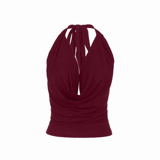 Cowl neck halter self tie solid backless top