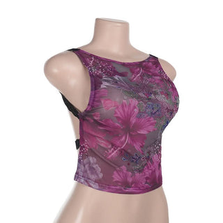 Beaded crewneck flower print lace hem mesh top